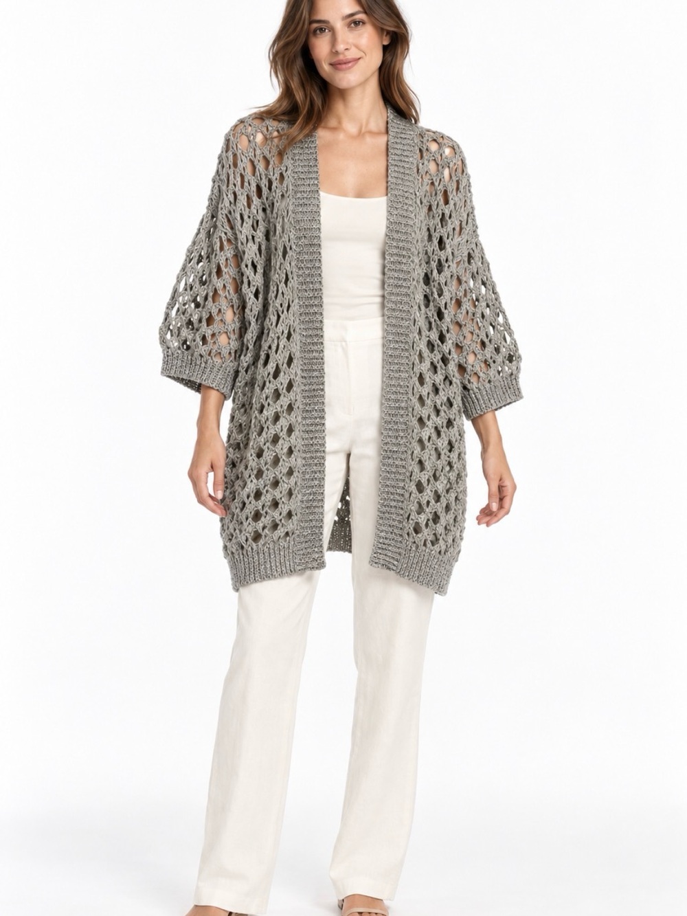 Brunello Cucinelli Gray Open Knit Jute Cotton Cardigan XS and small available